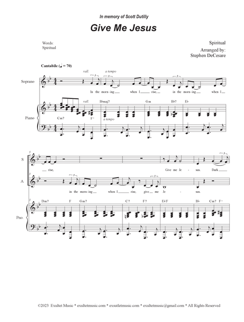 Give Me Jesus (Duet for Soprano and Alto solo) (Arr. Stephen DeCesare) (Voice Duet and Piano)