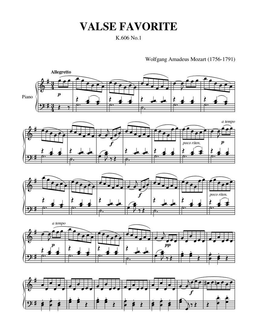 VALSE FAVORITE (Mozart) Sheet Music for Piano (Solo) easy | MuseScore.com