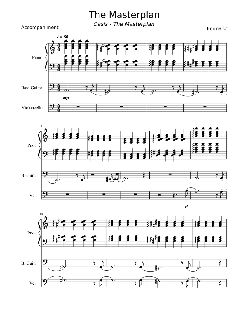 The Masterplan Oasis Sheet music for Piano, Cello, Bass guitar (PianoVoice)
