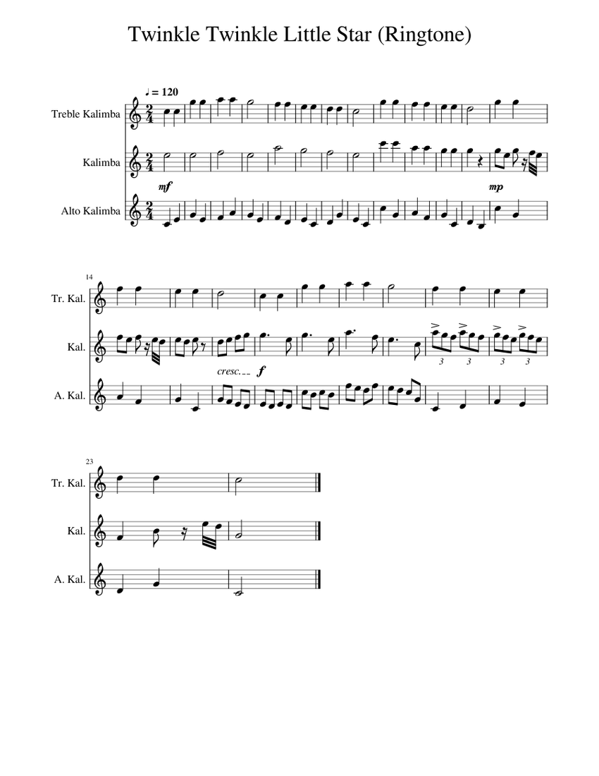 Twinkle Twinkle Little Star Ringtone Sheet music for Kalimba Percussion Trio Musescore
