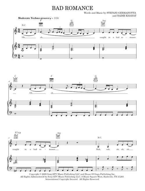 Bad Romance - Glee TV Series, Lady Gaga (Piano-Vocal-Guitar)