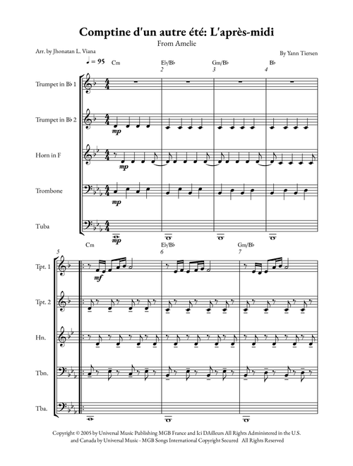 Comptine D'un Autre Été: L'après-Midi (Arr. Jhonatan Lucio Viana) - Yann Tiersen (Brass Ensemble)