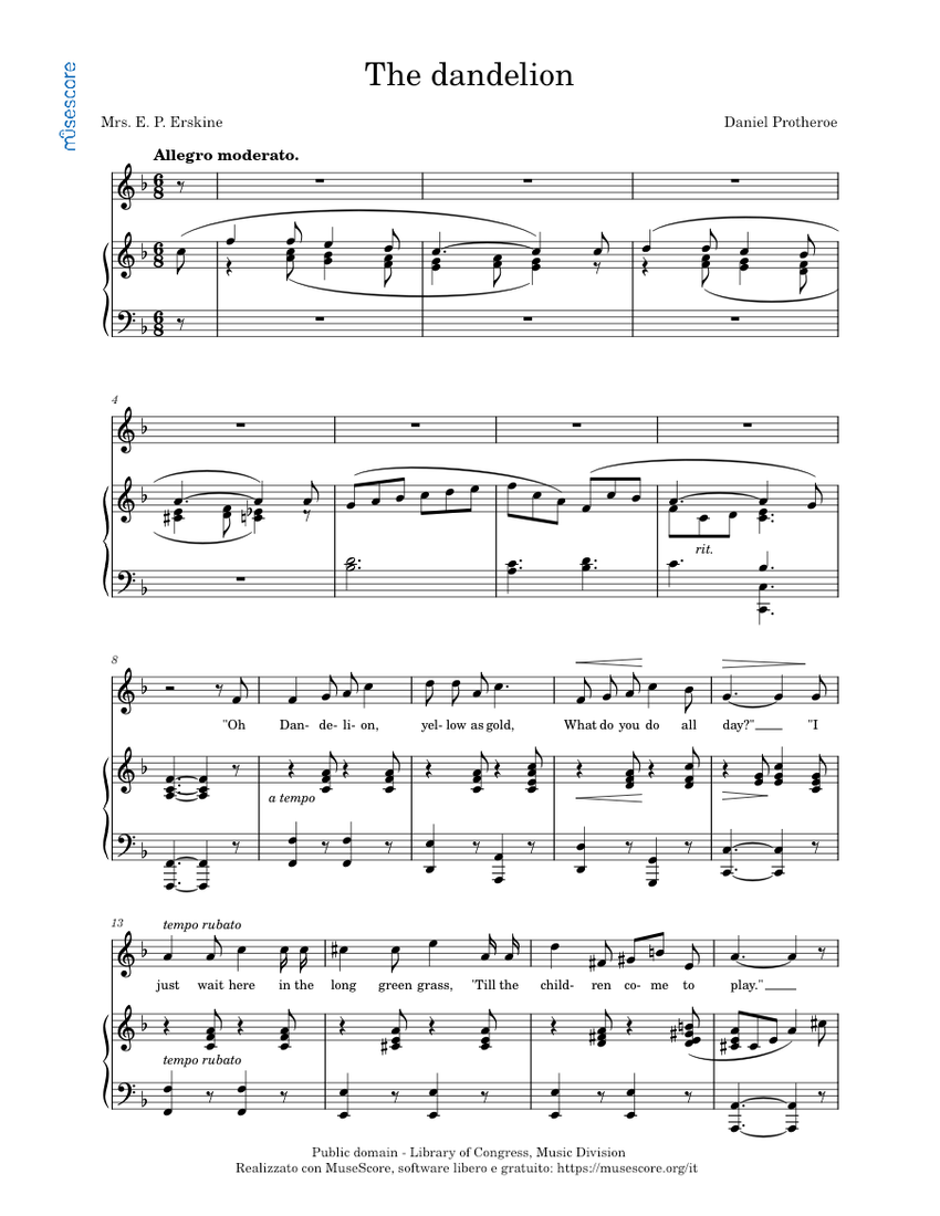 The Dandelion Sheet Music For Piano Vocals Piano Voice 