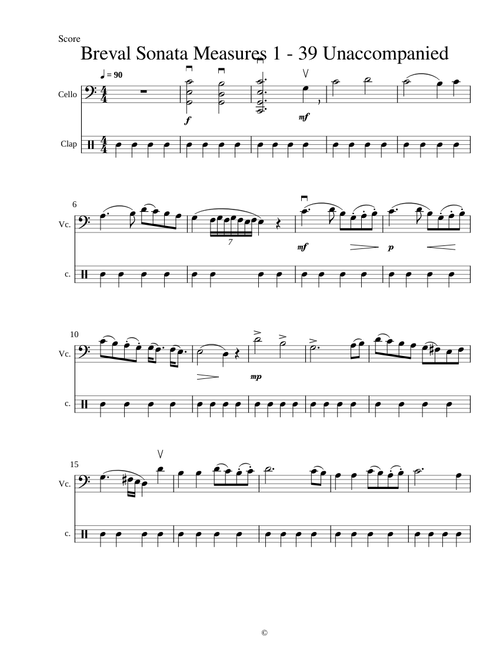 Breval Sonata Measures 1 - 39 Cello Only