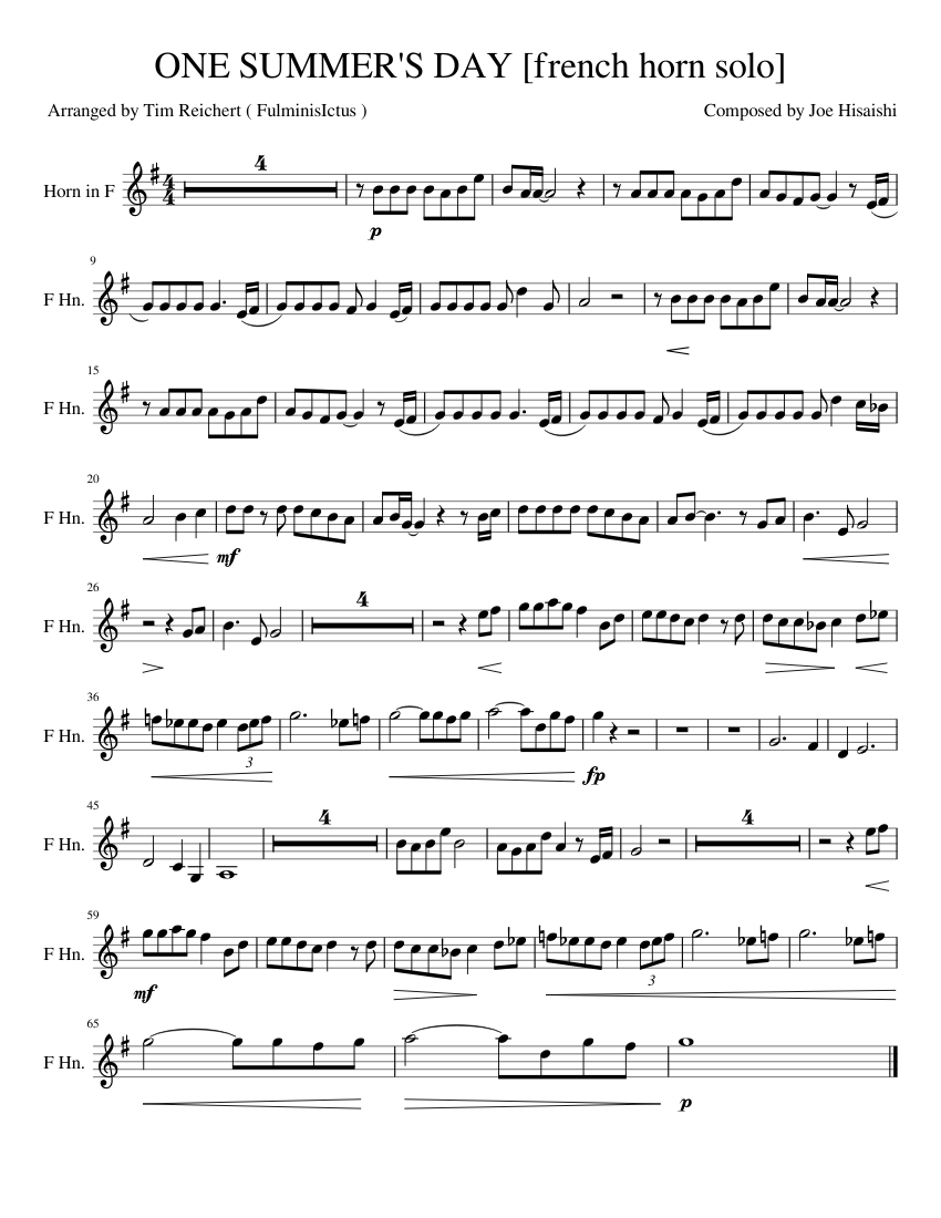 Studio Ghlibli ONE SUMMER S DAY french horn solo Sheet music for French horn Solo Musescore