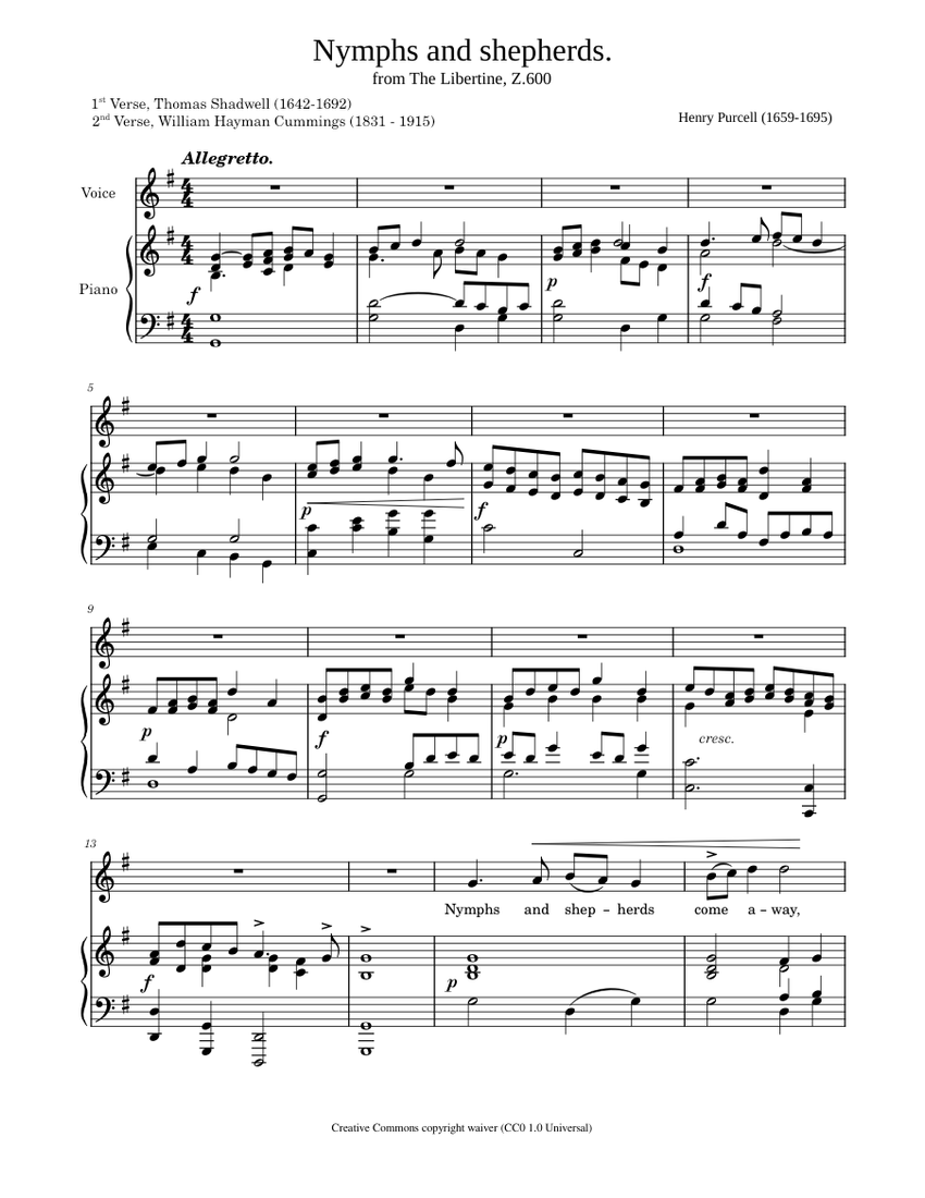 Nymphs and shepherds, Z.600 – Henry Purcell Sheet Music for Piano