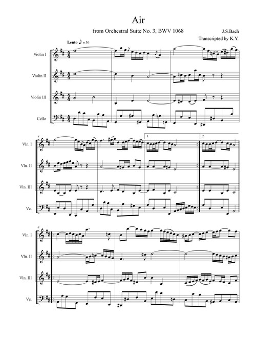 Air from Orchestral Suite No. 3, BWV 1068 (Arr. K.Y.) - Johann Sebastian Bach (String Quartet)