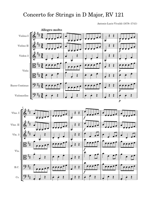 Concerto for Strings in D major, RV 121 – Antonio Vivaldi VivaldiConcerto For Strings In D Major RV 121 ARRANGEMENT VOOR OCTOPUS