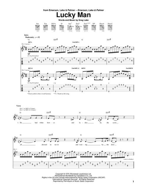 Lucky Man - Emerson Lake & Palmer (Guitar Tab)