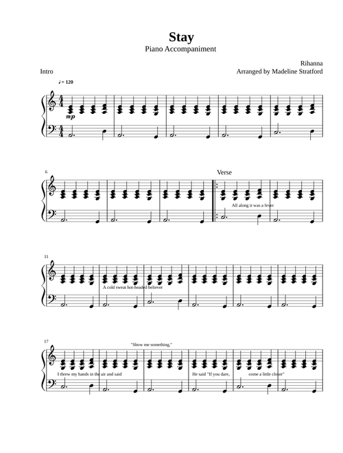 Stay - Rihanna - Piano Accompaniment for EASY PIANO