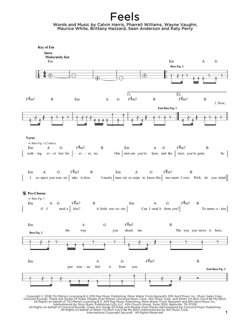 Feels (feat. Pharrell Williams, Katy Perry & Big Sean) - Calvin Harris (Easy Bass Tab)