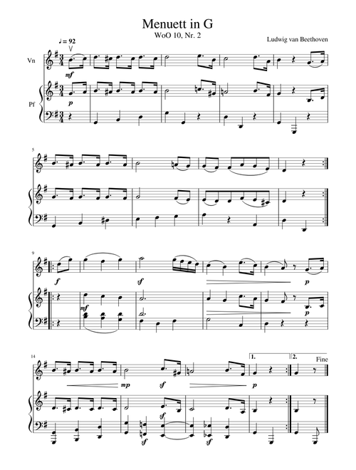 Beethoven — Minuet in G — easy violin and piano