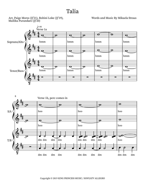 Talia (Arr. Rohini Loke (JJ'19)) - King Princess (Choral, SSAA)