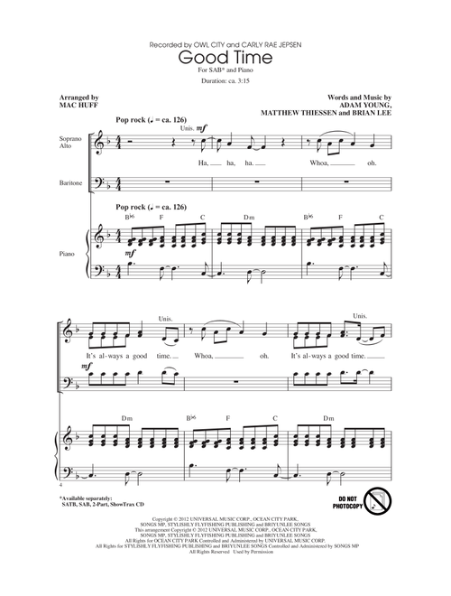 Good Time (Arr. Mac Huff) - Owl City (Choral, SAB)