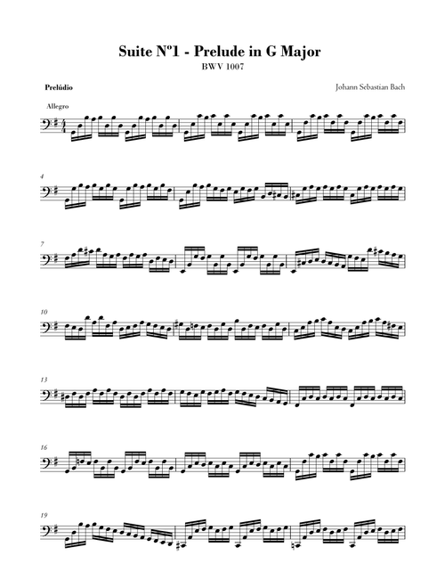 Bach Cello Suite nº 1 - Prelude in G BWV 1007 - without bowings or interpretation marks - clean she (Arr. MHF) - Johann Sebastian Bach (Cello Solo)