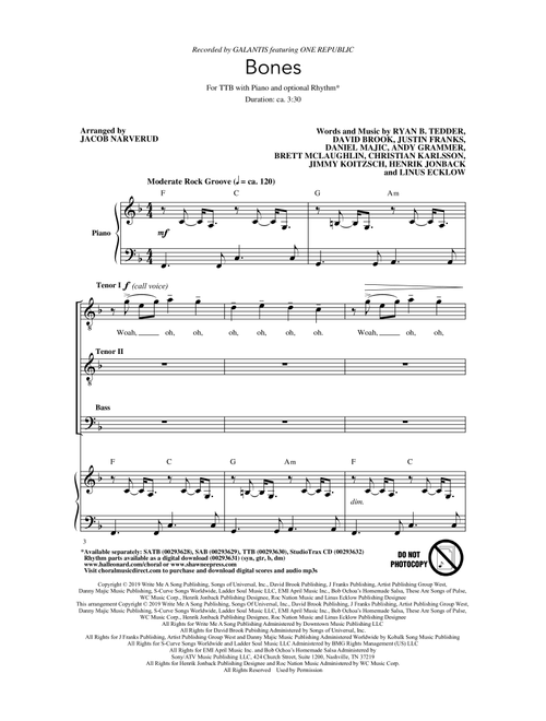 Bones (feat. OneRepublic) (arr. Jacob Narverud) - Galantis (Choral, TTBB)