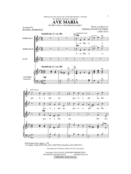 Ave Maria (Arr. Russell Robinson) - Tomás Luis de Victoria (Choral, SSA)
