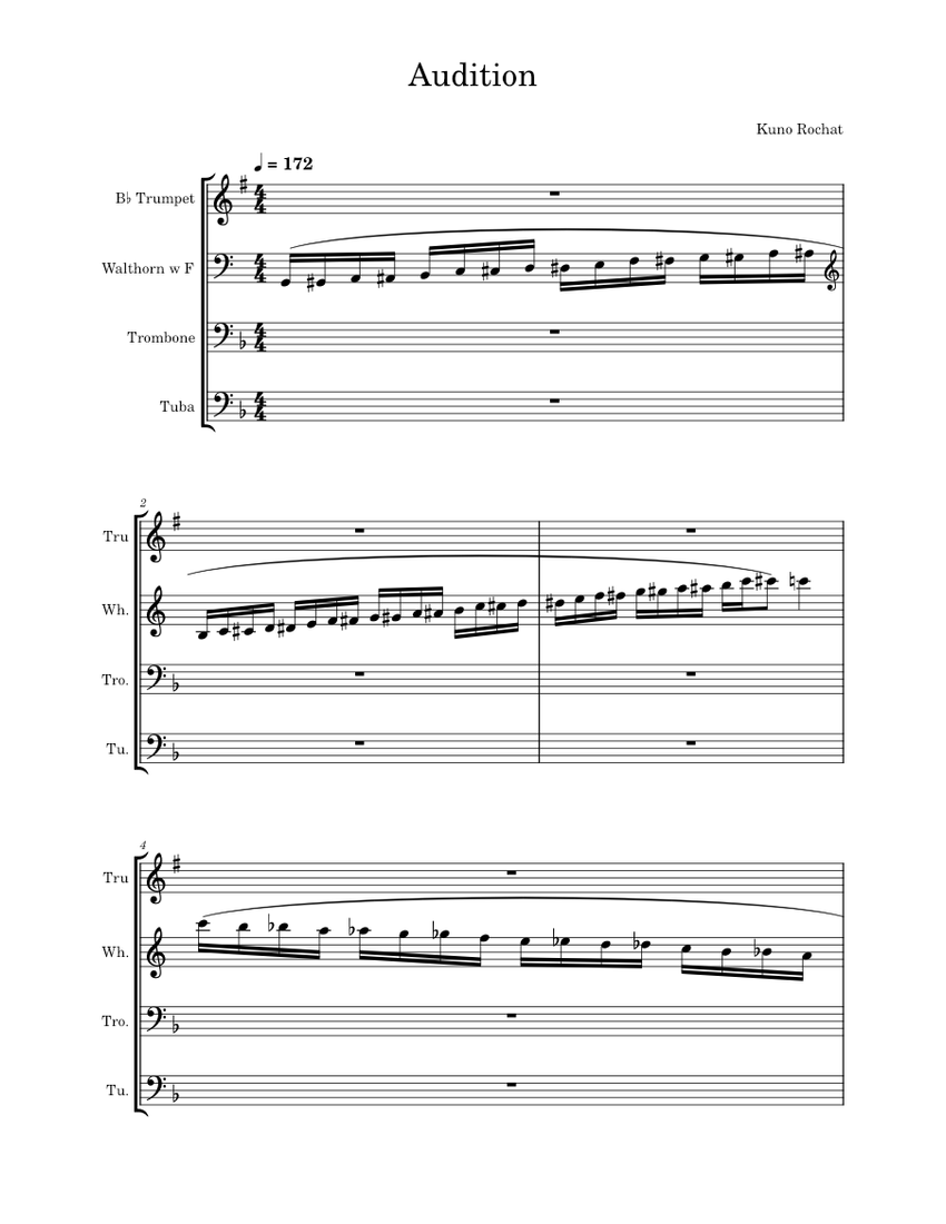 Audition Sheet music for Trombone, Tuba, Trumpet in bflat, French horn (Brass Quartet
