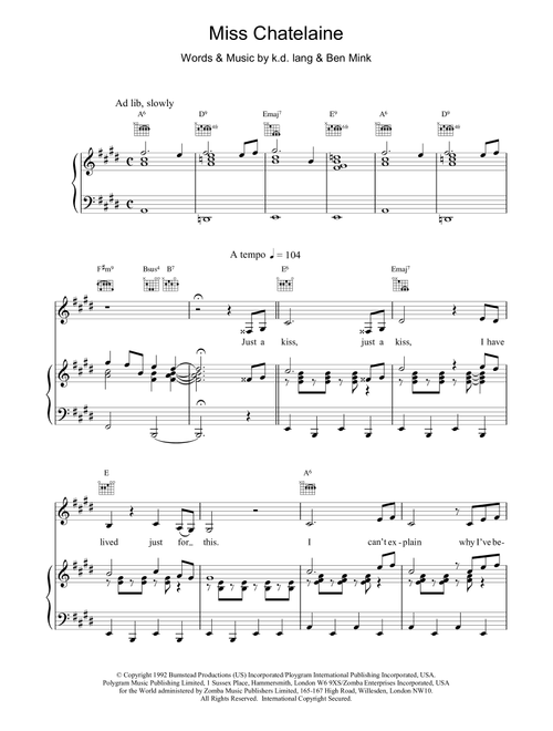 Miss Chatelaine - kd lang (Piano-Vocal-Guitar (Piano Accompaniment))