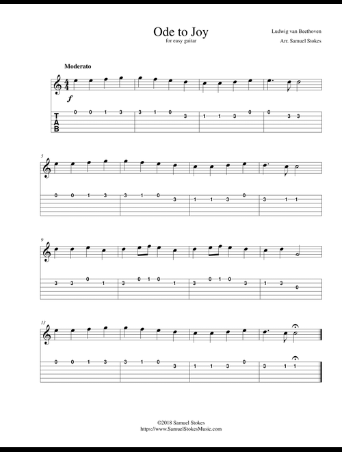Ode to Joy (Joyful, Joyful, We Adore Thee) - for easy guitar with TAB (Arr. Samuel Stokes) - Ludwig van Beethoven (Guitar Tab)
