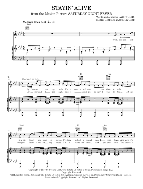 Stayin' Alive - Alvin And The Chipmunks: The Squeakquel Movie, Bee Gees, N-Trance (Piano-Vocal-Guitar)