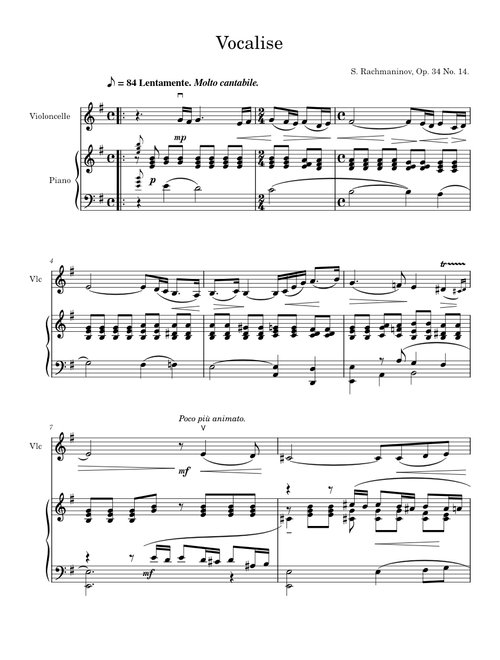 Vocalise (No.14 from Fourteen Songs, Op.34) – Sergei Rachmaninoff Vocalise – Sergei Rachmaninov - Cello and Piano