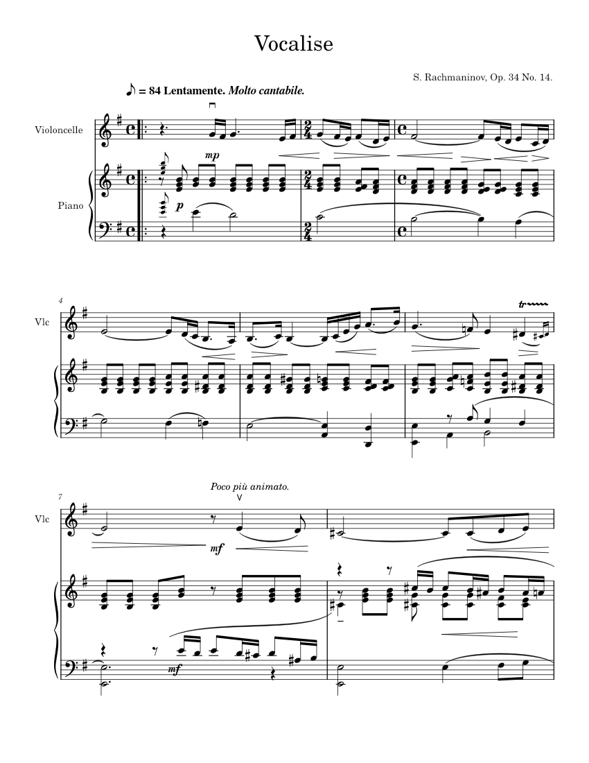 Vocalise No.14 from Fourteen Songs Op.34 Sergei Rachmaninoff Vocalise Sergei Rachmaninov Cello and Piano Sheet music for Piano Cello Mixed Duet Musescore