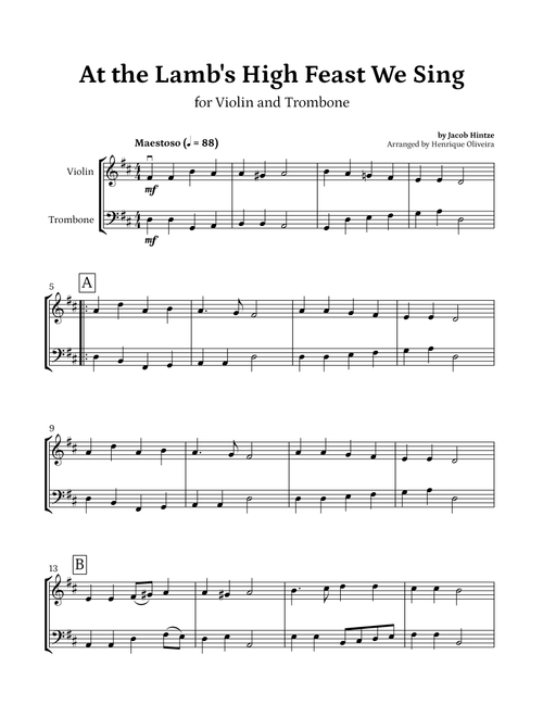 At the Lamb's High Feast We Sing (Violin and Trombone) - Easter Hymn (Arr. Henrique Oliveira) - Jacob Hintze (Instrumental Duet)