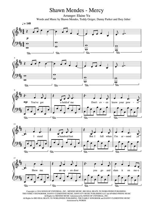 Mercy (Arr. Elaine Yu) - Shawn Mendes (Piano Vocal)