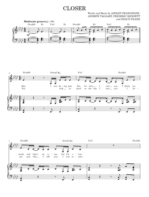 Closer - The Chainsmokers featuring Halsey (Piano-Vocal-Guitar)