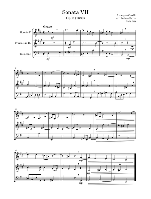 Sonata Da Chiesa op. 3, No. 7 – Arcangelo Corelli, arranged for Brass Trio