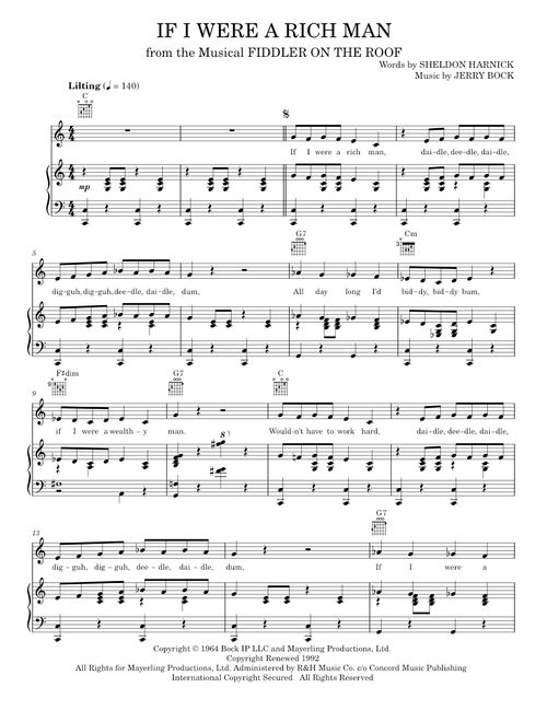 If I Were A Rich Man (from Fiddler On The Roof) - Bock & Harnick, Fiddler On The Roof Musical (Piano-Vocal-Guitar)
