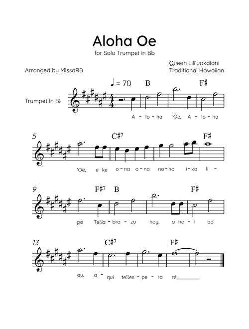 Aloha Oe - Solo Trumpet in Bb in E Major Easy With Lyrics & Chords (Arr. MissoRB) - Queen Liliʻuokalani (Trumpet Solo)
