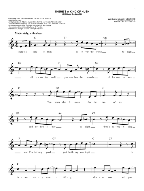 There's A Kind Of Hush (All Over The World) - Herman's Hermits (Easy Lead Sheet - Fake Book)