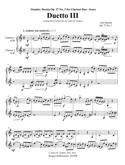 Stamitz: Duet Op. 27 No. 3 for Clarinet Duo (Arr. James M. Guthrie) - Carl Stamitz (Clarinet Duet)
