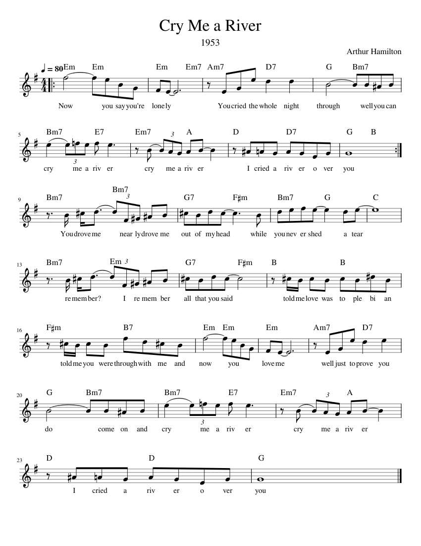 Cry Me a River Sheet Music with Chords for Piano