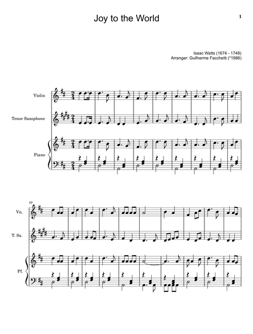Joy to the World - Violin, T. Sax. and Piano. With Parts. (Arr. Guilherme Facchetti) - Isaac Watts (Small Ensemble)