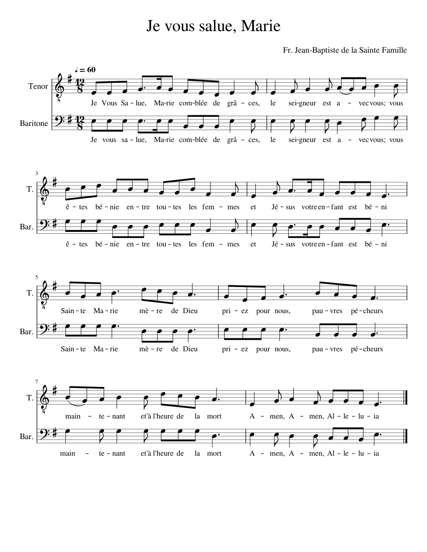 Je vous salue, Marie Sheet Music for Tenor, Baritone (Choral ...