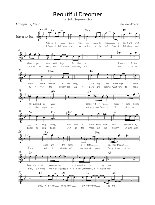 Beautiful Dreamer - Solo Soprano Sax in Ab Major Easy - Lyrics & Chords (Version Tom Roush) (Arr. Misso) (Soprano Sax Solo)