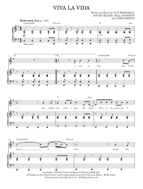 Viva La Vida - Coldplay (as cover by Chris Mann) (Piano Vocal)