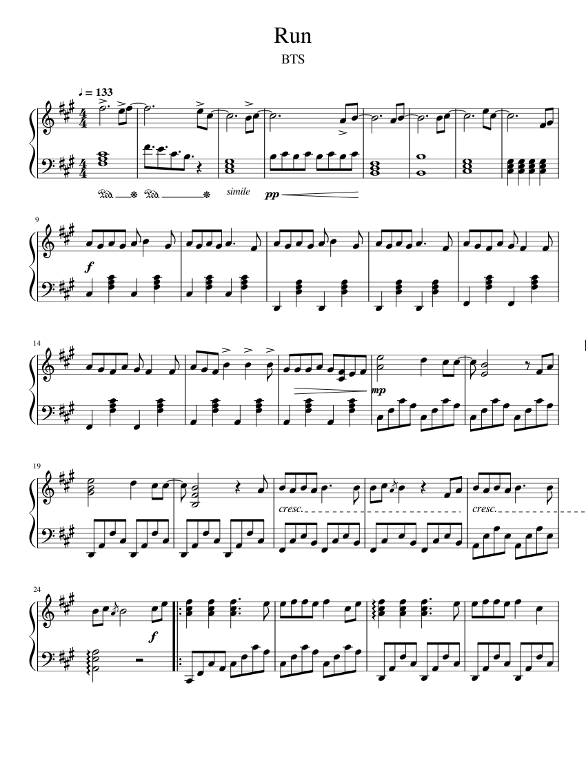 防弾少年団(BTS) - BTS PIANO SHEET MUSIC  楽譜 Run BTS - BTS Sheet Music for Piano (Solo) | MuseScore.com