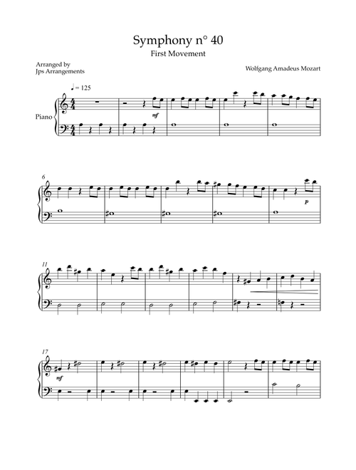 Symphony n°40 by Mozart (first movement) - for easy piano key in Am (Arr. Jps Arrangements) - Wolfgang Amadeus Mozart (Easy Piano)