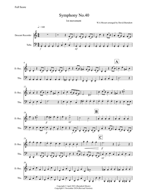 Symphony No.40 (1st movement) for Descant Recorder and Tuba Duet (Arr. David Burndrett) - Wolfgang Amadeus Mozart (Instrumental Duet)