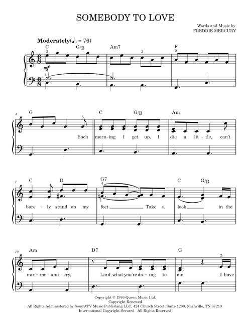 Somebody To Love - Glee TV Series, Queen (Easy Piano)