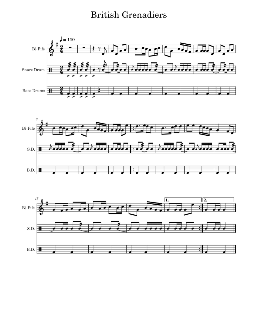 British Grenadiers Sheet music for Snare drum, Bass drum, Flute other