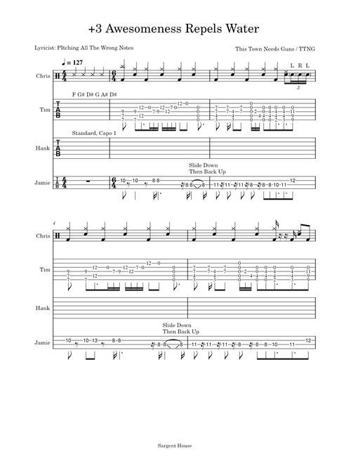 This Town Needs Guns - +3 Awesomeness Repels Water (Transcription/Tablature)