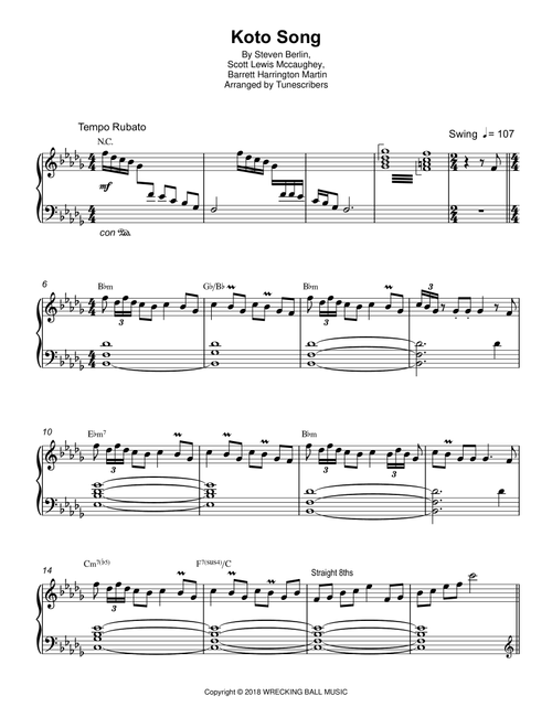 Koto Song (Arr. Tunescribers) - Steven Berlin, Scott Lewis Mccaughey, Barrett Harrington Martin (Piano Vocal)