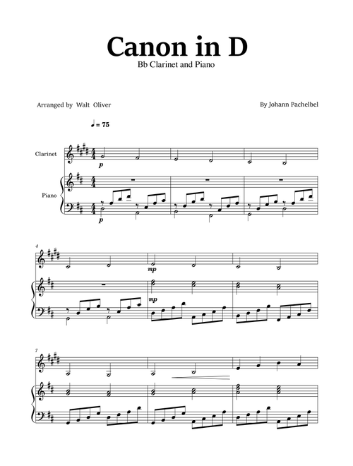 Canon in D - Bb Clarinet and Piano - Easy - Johann Pachelbel (Arr. Walt Oliver) (Clarinet and Piano)