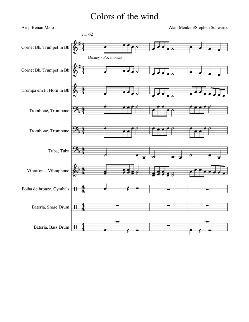 Colors of the wind Sheet Music for Trombone, Cornet, Tuba, French
