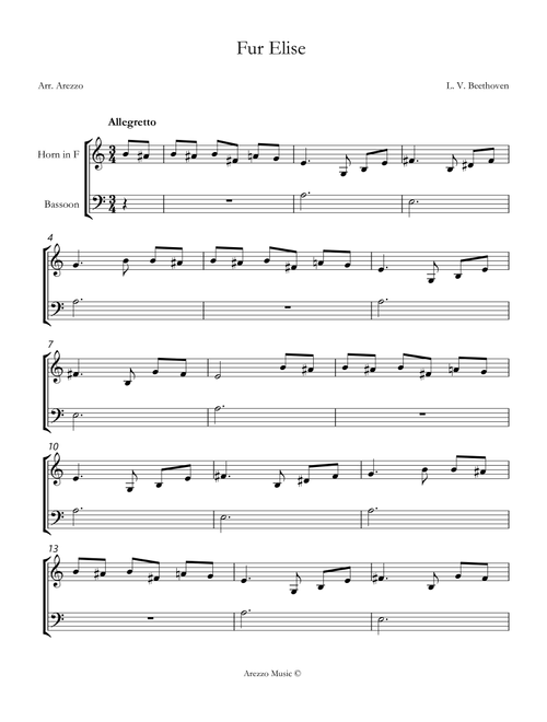 beethoven fur elise Horn and Bassoon sheet music (Arr. Arezzo Music) - L v Beethoven (Instrumental Duet)